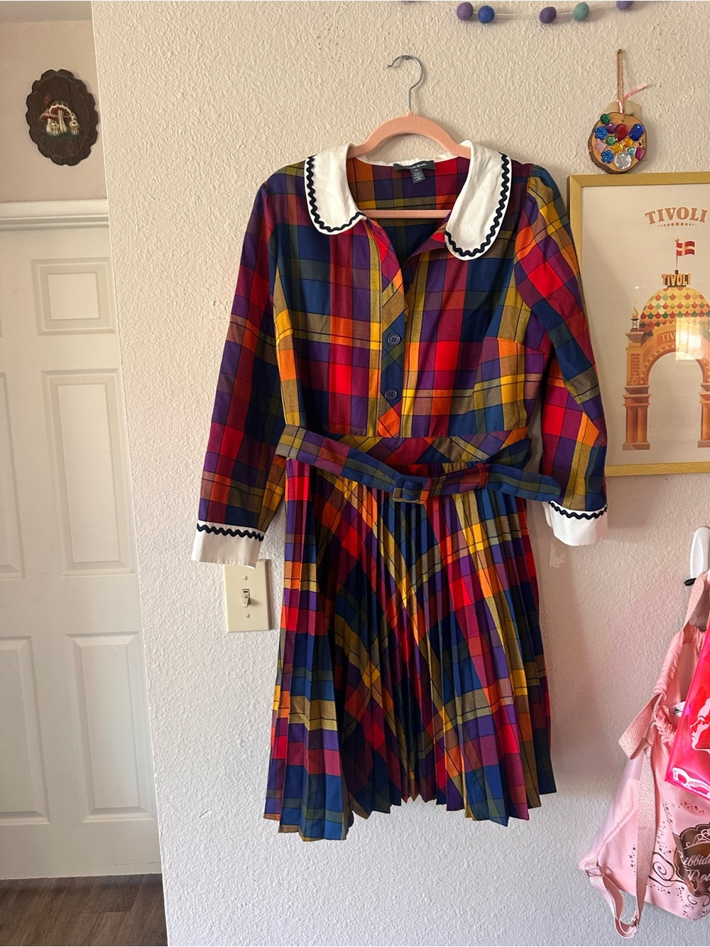 Modcloth Peter Pan Collar Dress Pleated Skirt Red, Yellow, Blue 14 EUC